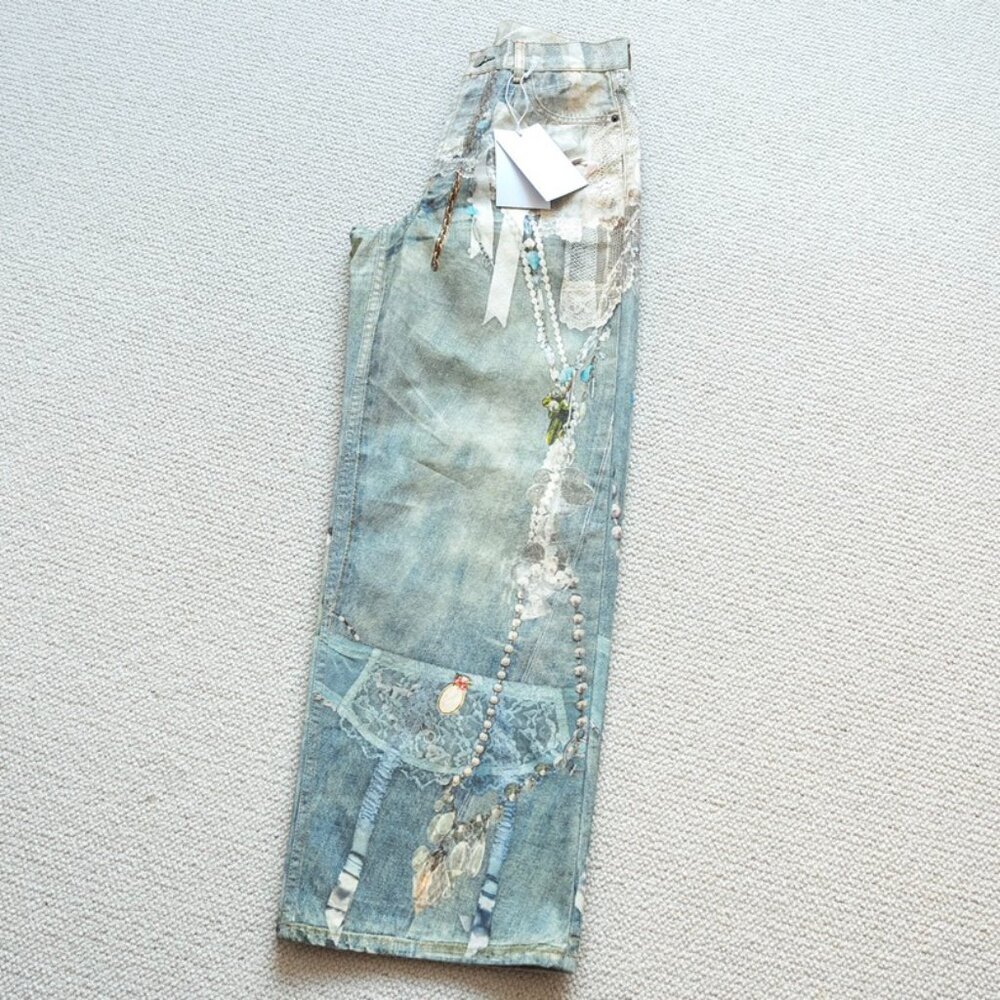 Acne Studios Lace and Pearl Chain Print Wide-Leg Denim Trousers - Picture 6 of 9